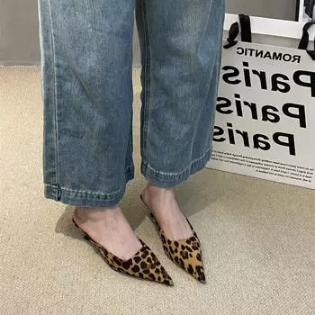 2024 весна-лето новые леопардовые туфли с тонким острым носком и тонким каблуком, туфли на среднем каблуке, универсальные босоножки с сумкой на голову и полуперетягиванием 35 чёрный