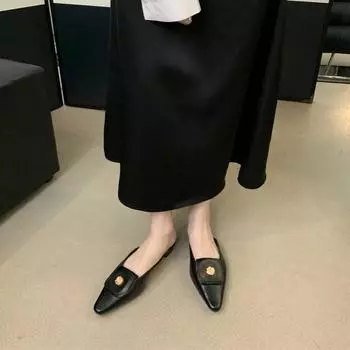 2024 весна-лето новые металлические пряжки остроносые тонкие плоские тапочки сумка-мешок полуперетягивающиеся мягкие кожаные удобные женские туфли на плоском каблуке 35 чёрный