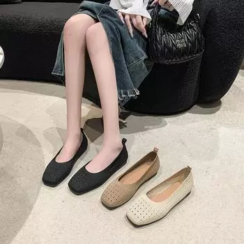 2024 весна-лето новые однотонные туфли с квадратным носком и плоским каблуком повседневные дышащие полые плетеные туфли большого размера для женщин 35