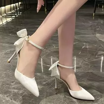 2024 весна/лето новые туфли на высоком каблуке с бантом французские остроносые босоножки дизайн подружек невесты женские туфли-лодочки 35