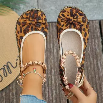 2024 весна-лето новые универсальные низкие парусиновые туфли женские ленивые однопедальные туфли на плоской подошве в этническом стиле с бусинами 35 цветной печати леопарда