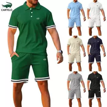 2024 весна/лето новые вышитые шорты с короткими рукавами и воротником-поло, комплект из двух предметов для спортивного и повседневного мужского комплекта M зелёный