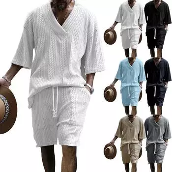 2024 весна/лето, новый европейский и американский повседневный свободный жаккардовый трикотаж с рукавами 7/4, топ, шорты, мужской комплект S чёрный