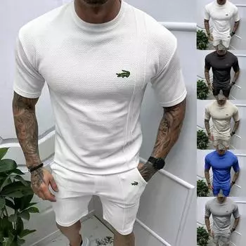 2024 весна/лето, новый мужской пуловер с вышивкой, футболка с круглым вырезом, спортивные повседневные шорты с короткими рукавами, комплект S чёрный