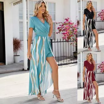 2024 весна/лето, новый однотонный комбинезон с v-образным вырезом и короткими рукавами на талии, женское платье S чёрный