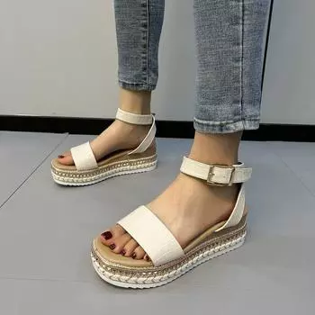 2024 весна-лето женские сандалии большого размера на пеньковой веревке с толстой подошвой женские сандалии с пряжкой на танкетке женские сандалии с застежкой-молнией 36 чёрный