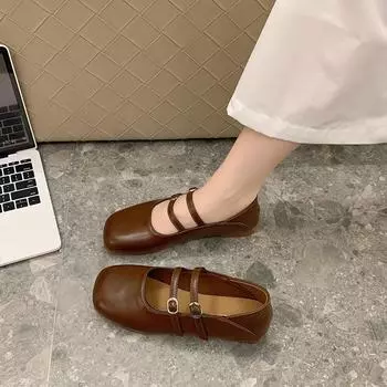 2024 весна мягкая подошва неглубокий рот темперамент нежные туфли Мэри Джейн женские квадратная голова плоская подошва фея с двумя одинарными туфлями 35