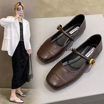 2024 весна новая корейская версия квадратная головка плоская подошва мелкий носок мягкая подошва обувь Doudou модные одинарные туфли серебристые туфли Мэри Джейн женские 35 серебряный