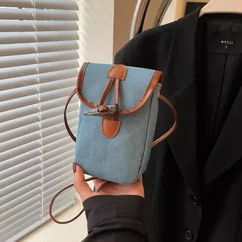 2024 весна новая маленькая сумка для мобильного телефона женская сумка модная холст контрастный цвет сращивание персонализированная роговая пряжка одно плечо косой чёрный