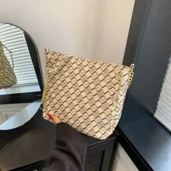 2024 весна новая ретро-печать большая вместительная сумка через плечо модная повседневная сумка-тоут с цепочкой женская кофейный