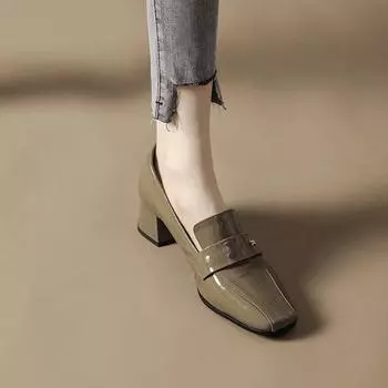 2024 весна новые кожаные женские туфли с глубоким вырезом мокасины из лакированной кожи туфли на толстом среднем каблуке рабочие туфли из мягкой кожи на высоком каблуке 35 чёрный