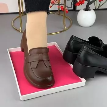 2024 весна новые красивые кожаные туфли с круглым носком удобные толстые каблуки одинарные туфли в британском стиле женские туфли на среднем каблуке кожаные туфли женские 35 чёрный