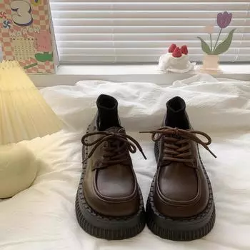 2024 весна новые туфли в британском стиле на платформе и шнуровке женские большие туфли для студентов маленькие кожаные туфли 35 чёрный