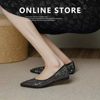 2024 весна новые женские повседневные универсальные туфли на мягкой подошве в стиле ретро с острым носком и стразами модные туфли с плоским дном 34 золотой