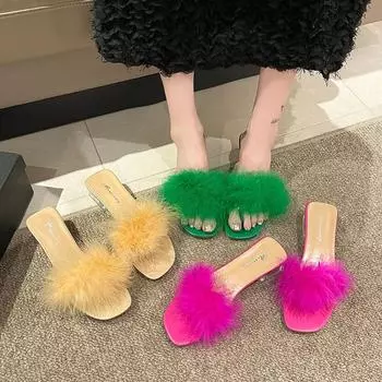 2024 весна новый бокал для вина и квадратная голова мода открытый носок тапочки большого размера женские 35 имбирный