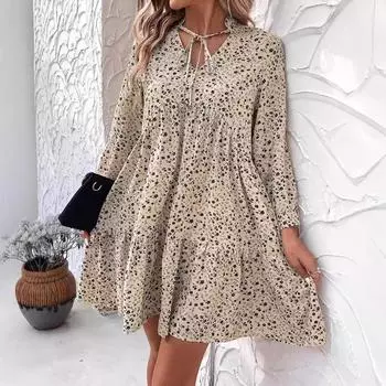 2024 весна осень элегантные платья А-силуэта женские цветочные принты облегающее платье свободное длинное рукава милое платье в стиле бохо мини-платье S