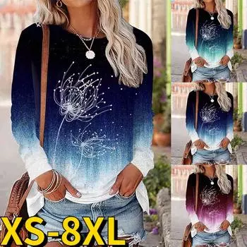 2024 весна осень элегантный круглый воротник с длинным рукавом ретро футболка женская футболка с цветочным принтом модные повседневные топы пуловер XL