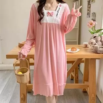 2024 весна осень поток ночная рубашка женская с длинным рукавом свободная кружевная строчка молодые девушки пижамы женские милые ночные рубашки ночная одежда M