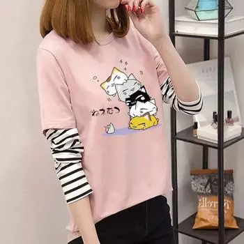 2024 весна осень с длинным рукавом поддельные две футболки топ женские корейские футболки с мультяшным принтом женские свободные молодые девушки верхняя одежда розовые топы студент M белый