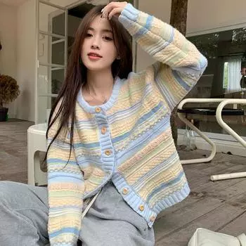 2024 весна осень женский однотонный вязаный свитер в рубчик с круглым вырезом в полоску Femme Y2k пуловер с длинными рукавами трикотажные топы модная одежда One Size синий