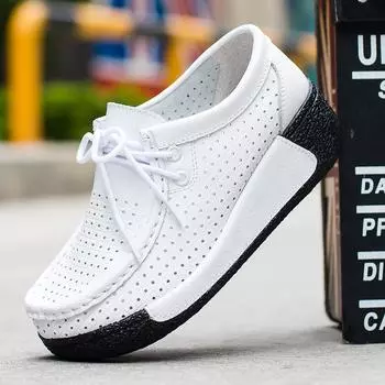 2024 весна полые кожаные туфли дырявые туфли на платформе одинарные туфли белые туфли-качалки туфли-булочки дорожные туфли женские туфли 35 белый