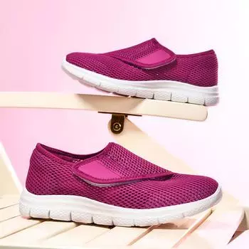 2024 весна женская обувь с полой сеткой повседневная обувь на плоской подошве спортивная обувь большого размера низкая обувь на липучках для пожилых людей 35 чёрный