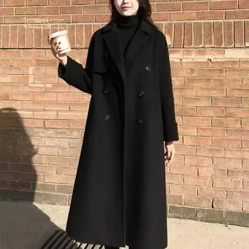 2024 весна-зима, новая верхняя одежда премиум-класса в стиле леди Хепберн, тонкое двубортное шерстяное пальто на пуговицах с длинными рукавами, женское M-6XL M чёрный