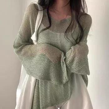 2024 весна-зима, женские вязаные повседневные топы с рукавами-фонариками, свободные рубашки для женщин, пляжные сетчатые шикарные футболки 2023 S бежевый