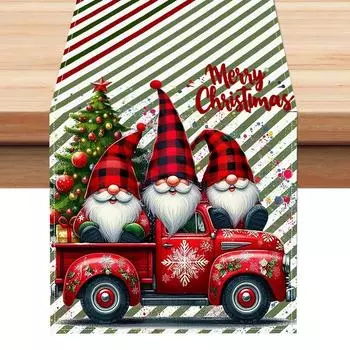 2024 White Linen Christmas Dwarf Print Table Runner - Festive Tablecloth Decoration 33*183cm (White Linen)