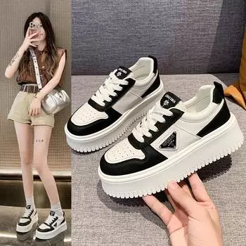 2024 White Sneakers Leather Women s Thick-soled Sneakers Spring Casual Vulcanized Shoes Women s Thick-soled Skate Shoes White 35 бежевый
