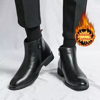 2024 Winer Men Concise Leather Boots Fashion High-Top Business Shoes Casual Boots American Style Ankle Boots Warm Adding Cotton 37 чёрный