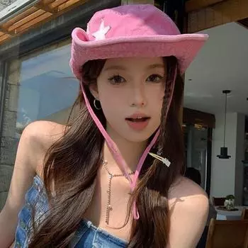 2024 винтажная розовая шляпа в стиле вестерн со звездами, женская летняя солнцезащитная кепка для альпинизма, походная рыболовная шляпа для мужчин 56-58cm чёрный