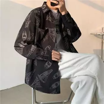 2024 винтажная рубашка мужская летняя повседневная студенческая свободная нишевая дизайнерская забавная новая мужская верхняя часть для ношения на открытом воздухе M чёрный