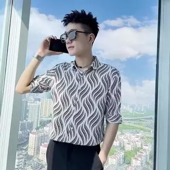 2024 винтажная рубашка мужская летняя повседневная студенческая свободная нишевая дизайнерская забавная новая мужская верхняя часть для ношения на открытом воздухе M чёрный