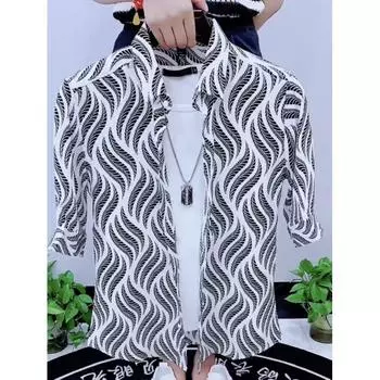 2024 винтажная рубашка мужская летняя повседневная студенческая свободная нишевая дизайнерская забавная новая мужская верхняя часть для ношения на открытом воздухе M чёрный