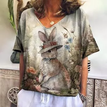 2024 винтажная женская футболка с мультяшным принтом кролика, топ больших размеров, женская трендовая одежда, модная рубашка с коротким рукавом, женская футболка с v-образным вырезом S