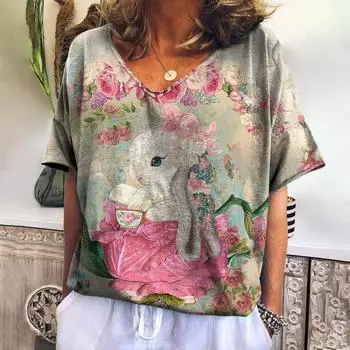 2024 винтажная женская футболка с мультяшным принтом кролика, топ больших размеров, женская трендовая одежда, модная рубашка с коротким рукавом, женская футболка с v-образным вырезом S