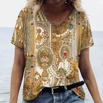2024 винтажная женская футболка с роскошным принтом, блузка большого размера, женская трендовая одежда, модная рубашка с коротким рукавом, женская рубашка с v-образным вырезом S