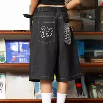 2024 винтажные мешковатые женские джинсы с вышивкой, шорты большого размера, уличная одежда, шорты в стиле ретро, широкие джинсовые брюки в стиле хиппи, летние S чёрный