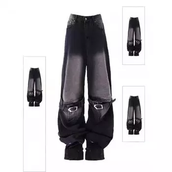 2024 винтажные прямые джинсы с высокой талией в уличном стиле с поясом, готические брюки, модные женские широкие брюки в стиле панк, мешковатые джинсовые брюки Y2K S чёрный