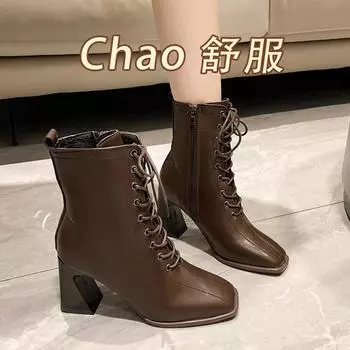 2024 Winter Boots Lady Boots-Women Autumn Shoes Zipper 2024 Elegant High Heel Rubber Ankle Solid Basic Casual Square Toe PU Sewing Le 35 чёрный
