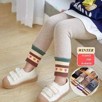 2024 Winter Children S Leggings With Thick Velvet For Middle And Small Children, Baby With Wide Crotch, Striped Legs, Love Pants M/3-5years old хаки