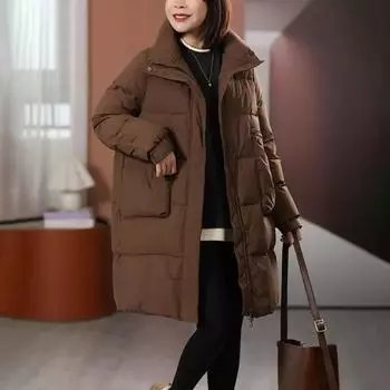 2024 winter clothing new casual loose and thin medium and long fashion pocket simple stand-up collar down jacket tide S чёрный