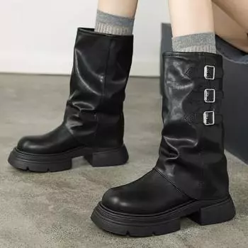 2024 Winter Cowboy Boots for Women Fashion Belt Buckle Long Boots Female Elegant Square Heel Women s Knight Bootties 35 чёрный