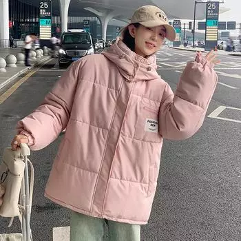 Зимняя версия 2024 года, пуховик, стеганая куртка, модная универсальная свободная утолщенная новая стеганая куртка с капюшоном, студенческая куртка S чёрный