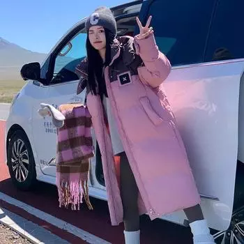 2024 Winter Fashion Hooded Down Jacket Long Thick Warm Loose Color Matching Jacket Women s Tide S
