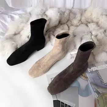 2024 winter fashion velvet short boots Korean style square head French thick heel thin boots 35 чёрный