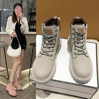 Зимние модные женские ботинки 2024 года, женские ботинки со шнуровкой и круглым носком, черные кожаные ботильоны на среднем каблуке, ботинки для женщин 35 светло-серый