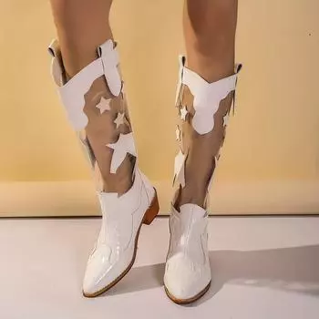 2024 winter foreign trade new European and American fashion pointed PVC splicing thick heel low heel large size knee boots women s boots 35 чёрный