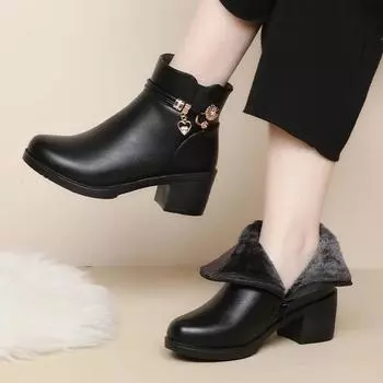 2024 Winter Genuine Leather Warm Ankle Boots Women Square Heel Zip Platform Boots Mother Waterproof Non-slip Booties 5 чёрный